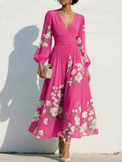 Elegant Floral V-Neck Pleated Midi Dress with Long Sleeves