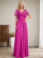 A-line V-Neck Floor-Length Lace Chiffon Mother of the Bride Dress With Sequins
