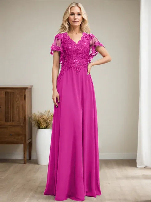 A-line V-Neck Floor-Length Lace Chiffon Mother of the Bride Dress With Sequins