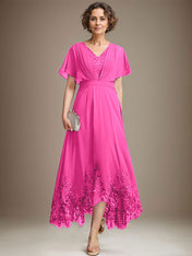 A-line V-Neck Asymmetrical Lace Chiffon Mother of the Bride Dress With Pleated