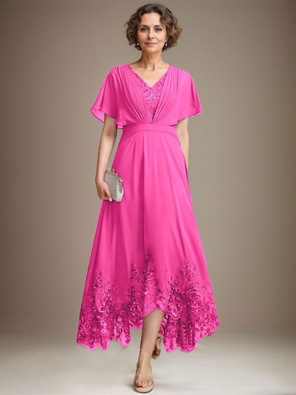 A-line V-Neck Asymmetrical Lace Chiffon Mother of the Bride Dress With Pleated