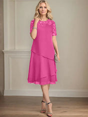 A-line Scoop Illusion Knee-Length Lace Chiffon Mother of the Bride Dress With Sequins