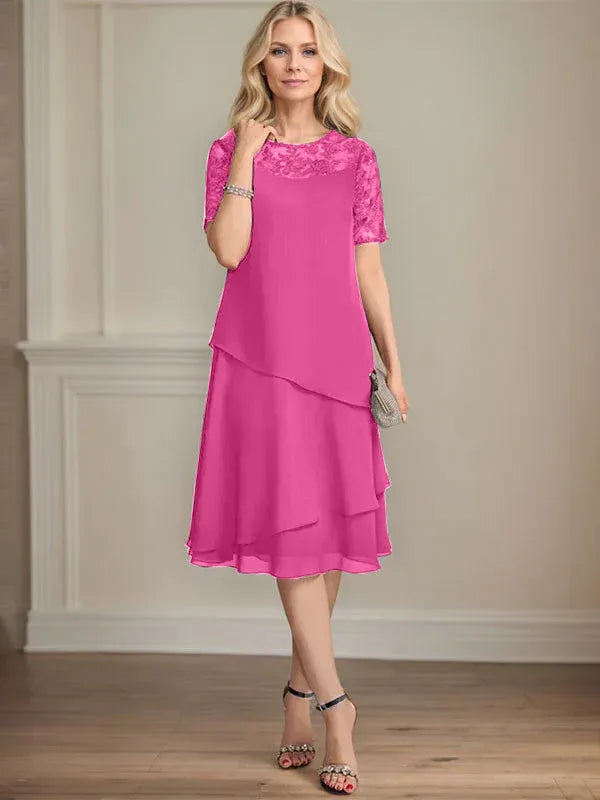 A-line Scoop Illusion Knee-Length Lace Chiffon Mother of the Bride Dress With Sequins