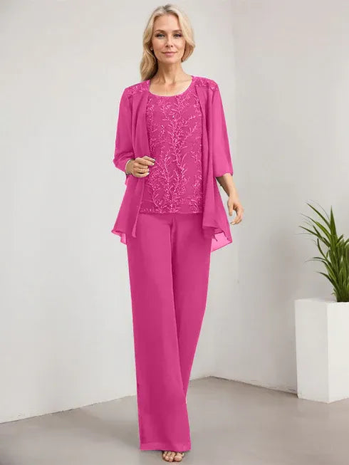 Pantsuit Scoop Floor-Length Lace Chiffon Mother of the Bride Dress With Sequins