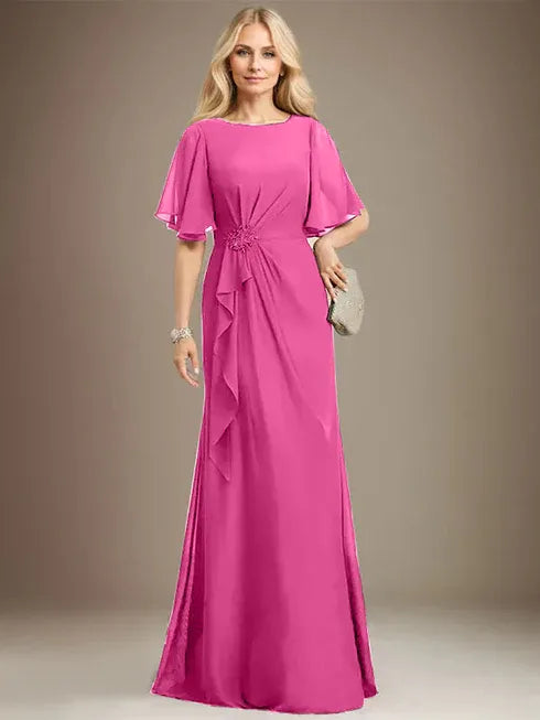 A-line Scoop Floor-Length Chiffon Mother of the Bride Dress With Cascading Ruffles Beading Sequins