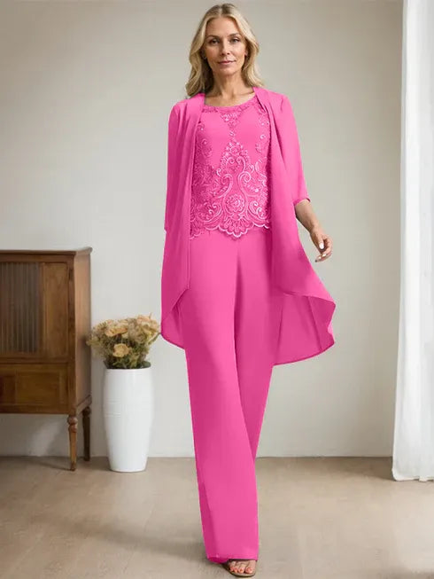 Pantsuit Scoop Floor-Length Chiffon Lace Mother of the Bride Dress With Beading Sequins