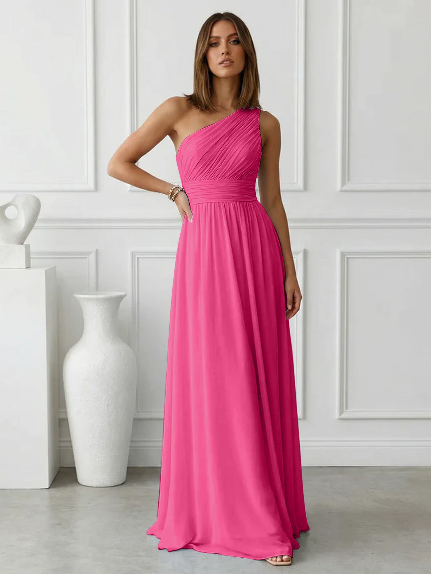 Timeless Light Blue One-Shoulder Maxi Dress Ruched Chiffon Gown