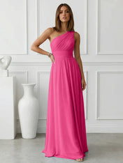 Timeless Light Blue One-Shoulder Maxi Dress Ruched Chiffon Gown
