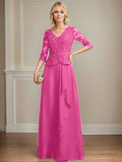A-line V-Neck Floor-Length Lace Chiffon Mother of the Bride Dress With Cascading Ruffles Sequins
