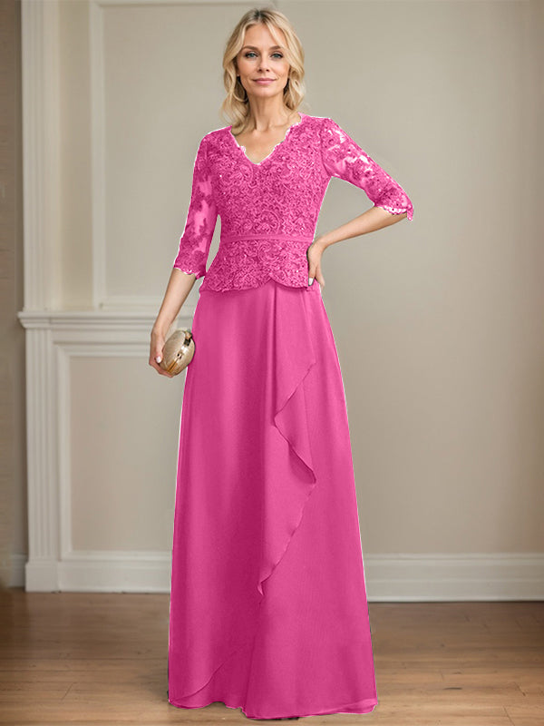 A-line V-Neck Floor-Length Lace Chiffon Mother of the Bride Dress With Cascading Ruffles Sequins