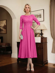 A-line Scoop Illusion Tea-Length Chiffon Lace Mother of the Bride Dress With Beading Sequins