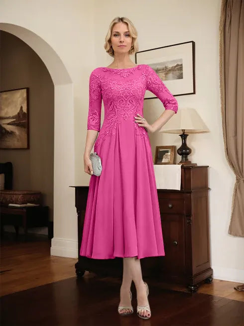 A-line Scoop Illusion Tea-Length Chiffon Lace Mother of the Bride Dress With Beading Sequins