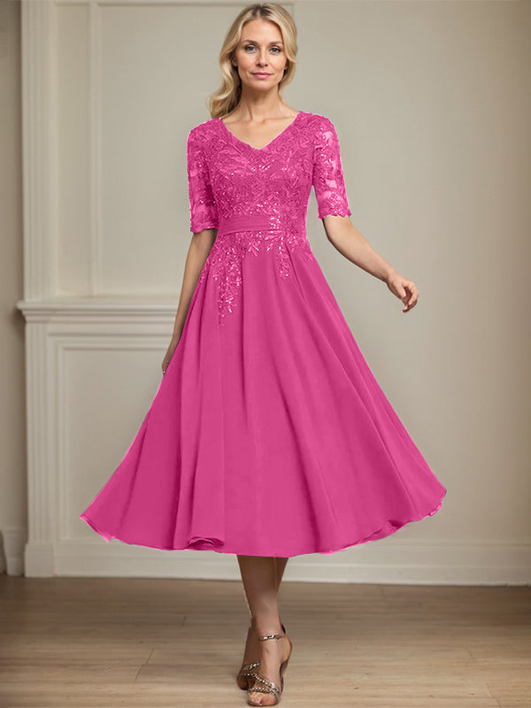 A-line V-Neck Tea-Length Lace Chiffon Mother of the Bride Dress With Sequins