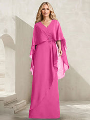 A-line V-Neck Floor-Length Chiffon Mother of the Bride Dress With Cascading Ruffles Beading
