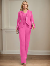 Separates Jumpsuit/Pantsuit V-Neck Floor-Length Chiffon Mother of the Bride Dress