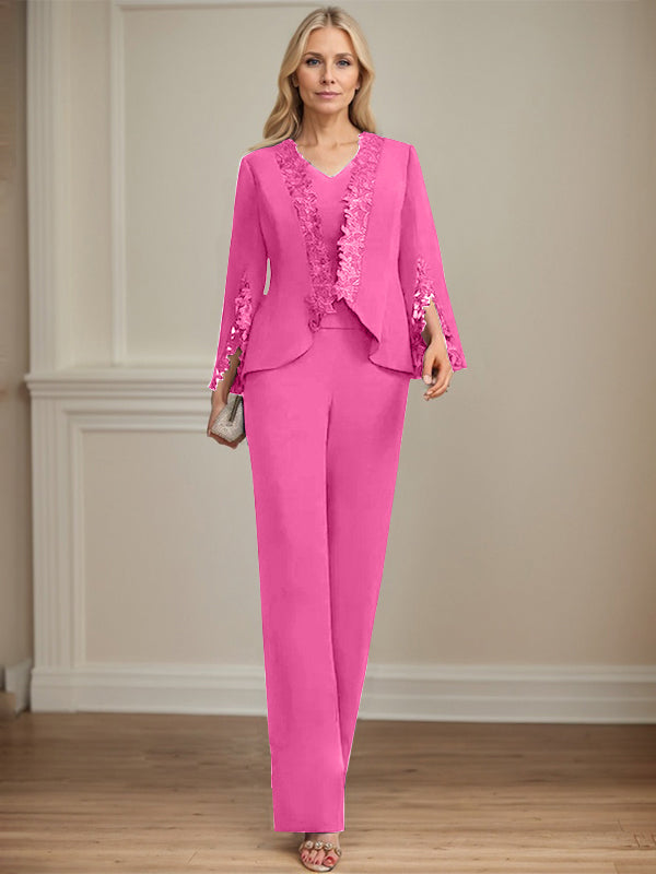 Separates Jumpsuit/Pantsuit V-Neck Floor-Length Chiffon Mother of the Bride Dress
