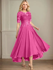 A-line Scoop Illusion Asymmetrical Chiffon Lace Mother of the Bride Dress With Sequins