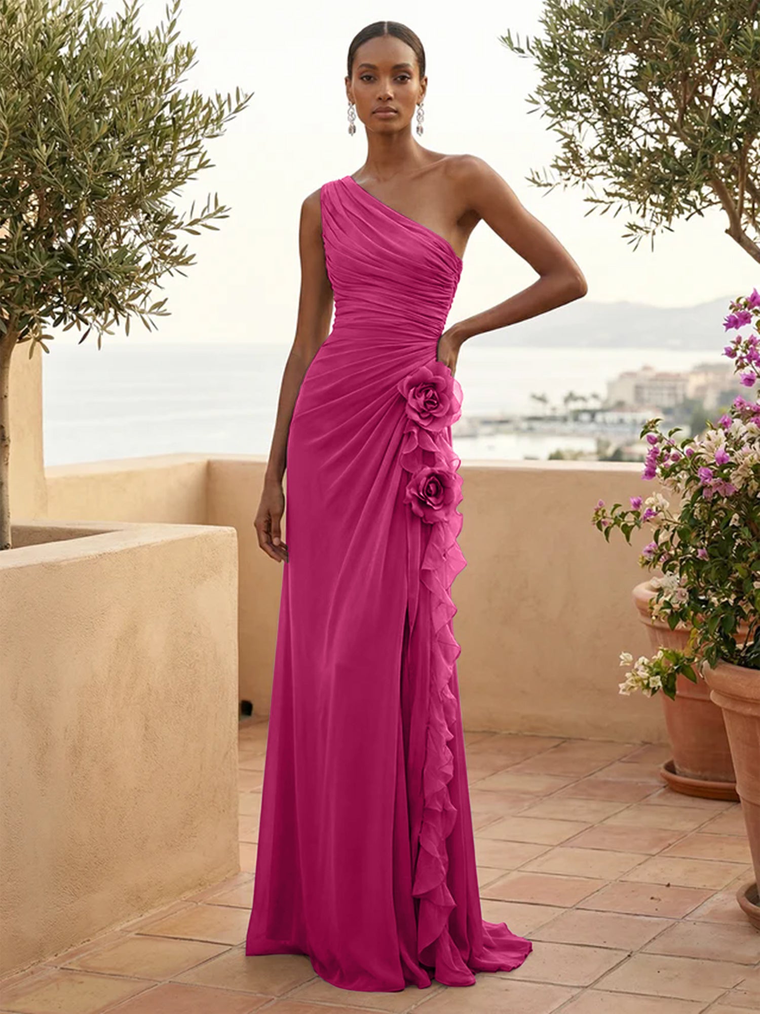 One Shoulder Pleat Mermaid A Line Ruffle Evening Dresses