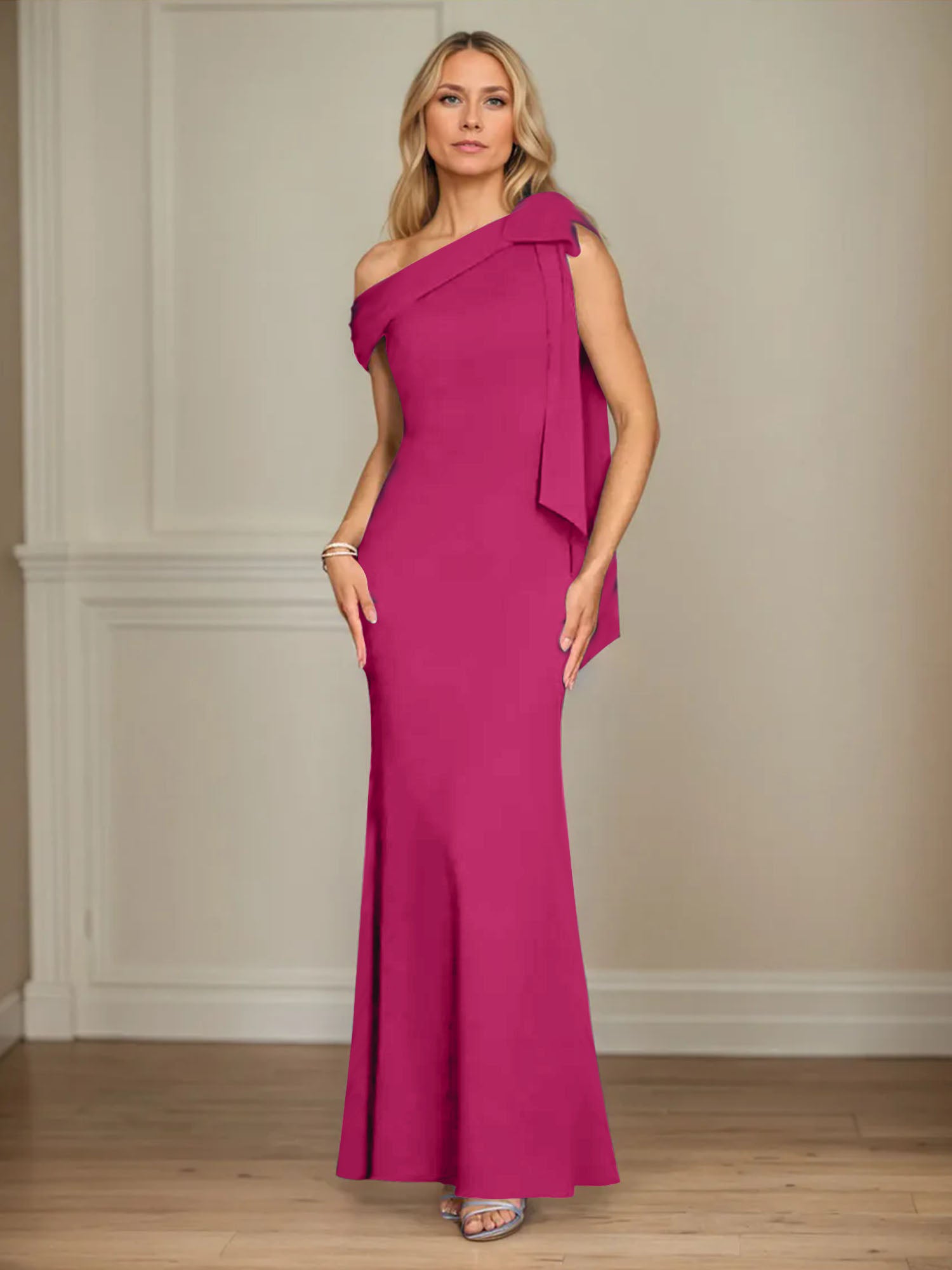 Mermaid One Shoulder Sleeveless Stretch Crepe Mother of the Bride Dress With Bow