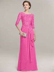 A-line Scoop Illusion Floor-Length Lace Chiffon Mother of the Bride Dress With Cascading Ruffles
