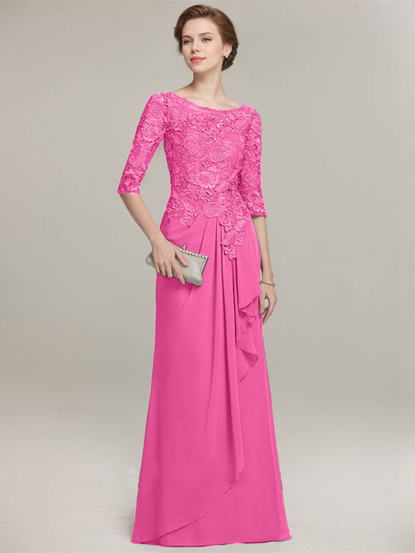 A-line Scoop Illusion Floor-Length Lace Chiffon Mother of the Bride Dress With Cascading Ruffles