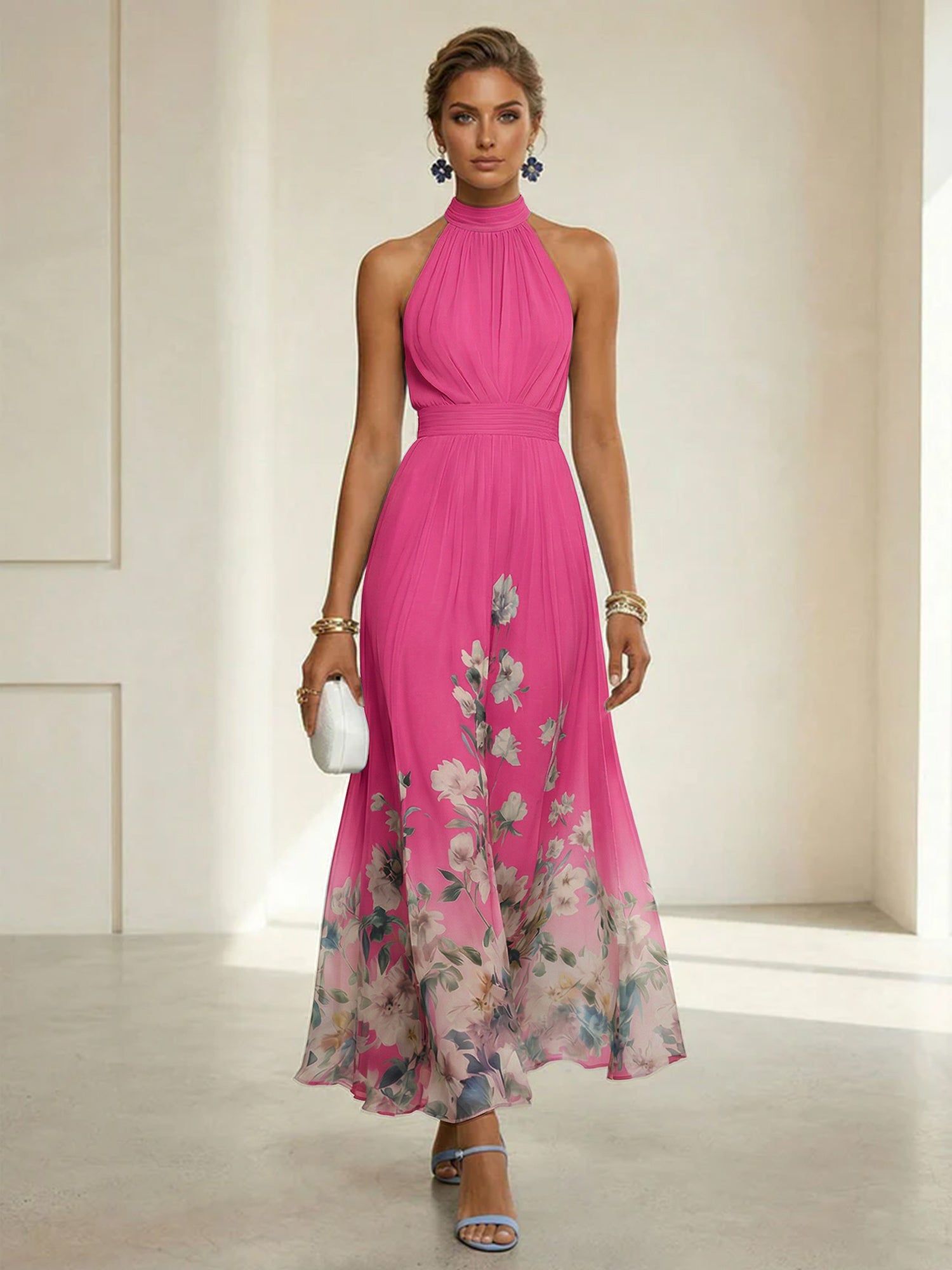 Light Blue Floral Chiffon Halter Sleeveless A-Line Maxi Dress Gown