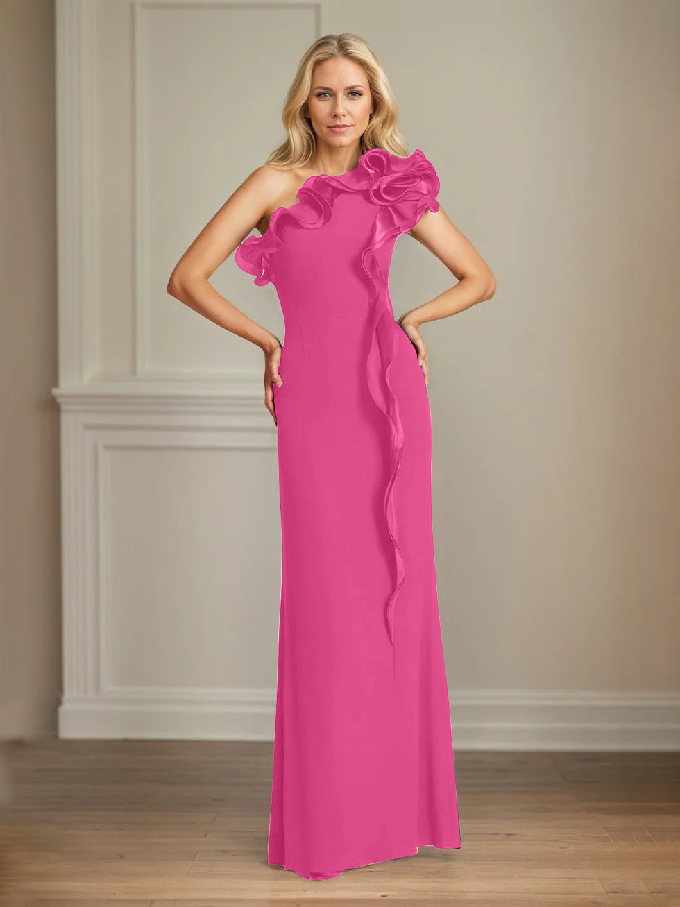 Column One Shoulder Floor Length Mother of the Bride Dresses With Ruffles