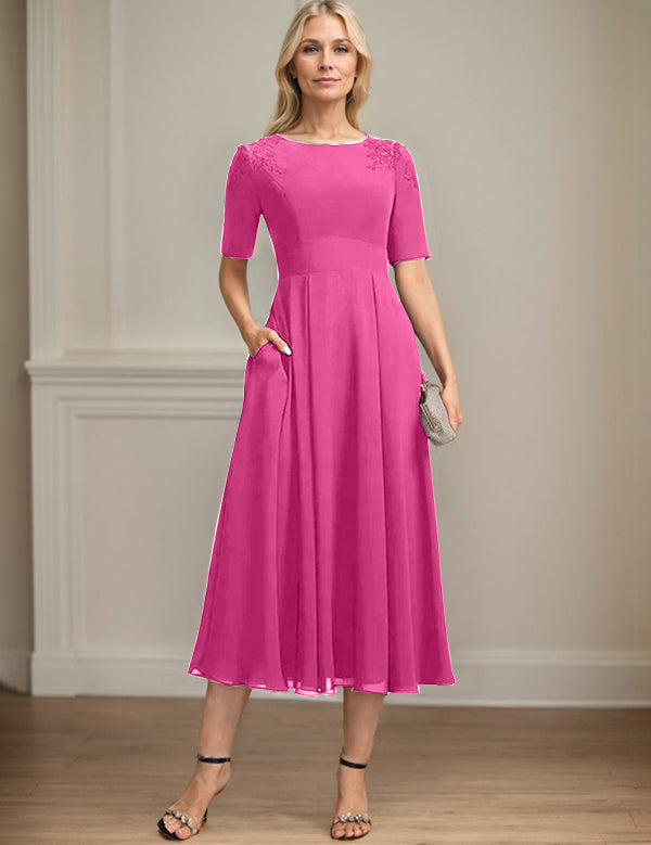 A-line Scoop Tea-Length Chiffon Mother of the Bride Dress With Appliques Lace Sequins