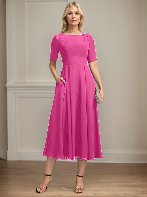 A-line Scoop Tea-Length Chiffon Mother of the Bride Dress With Appliques Lace Sequins
