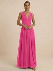 Teal Pleated V-Neck Chiffon Evening Gown with Ruched