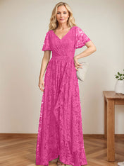 A-Line V-Neck Asymmetrical Lace Mother of the Bride Dress With Cascading Ruffles