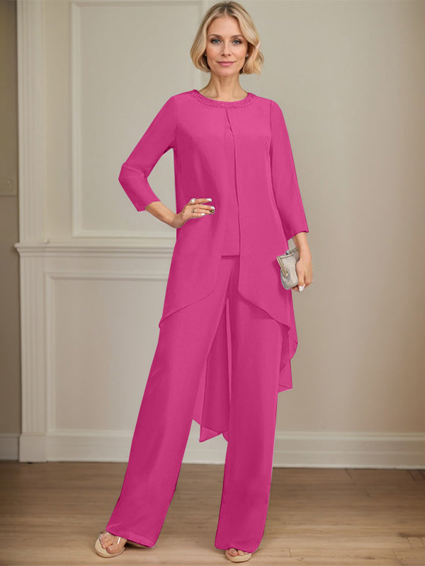 Separates Jumpsuit/Pantsuit Scoop Floor-Length Chiffon Mother of the Bride Dress With Sequins Beading