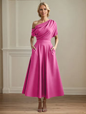 A Line Satin One Shoulder Pleated Ankle Length Mother of the Bride Dress