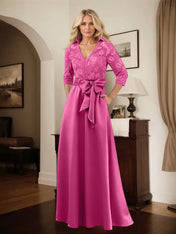 Classic V-Neck Bow Accented Satin Mother Of The Bride Dress With Lace
