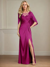 Sheath/Column Satin Scoop Neck Cap Sleeves Floor Length Mother Of The Bride Dresses