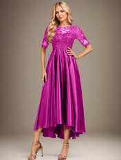 A-line Scoop Illusion Asymmetrical Stretch Satin Lace Mother of the Bride Dress With Sequins