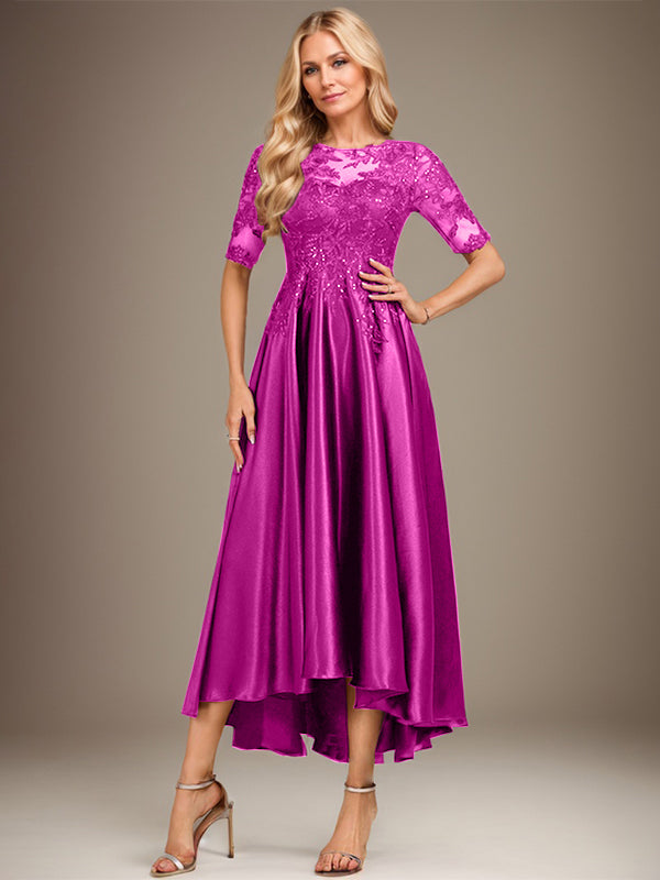 A-line Scoop Illusion Asymmetrical Stretch Satin Lace Mother of the Bride Dress With Sequins