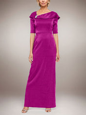 Long Shimmer Column Dress with Foldover Cuff L-Neckline and Elbow Sleeves