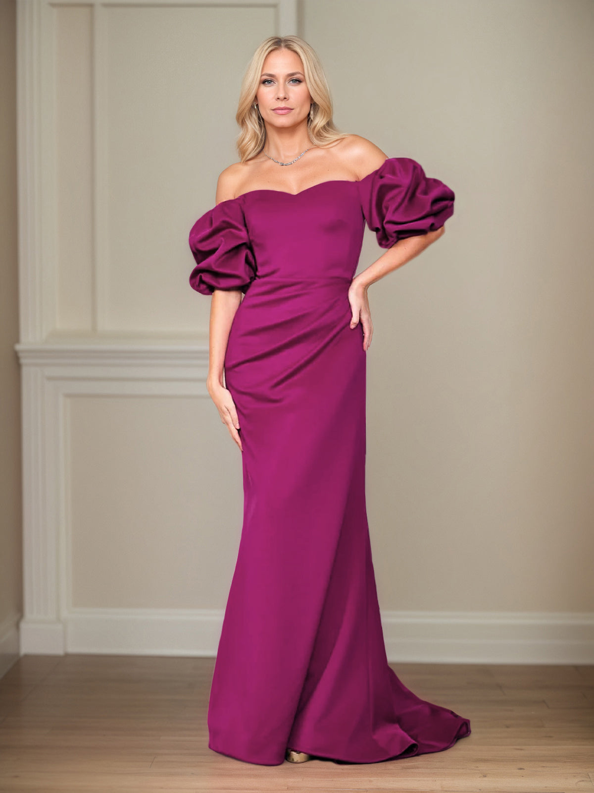 Column Off The Shoulder Puff Sleeves Floor Length Mother of the Bride Dresses