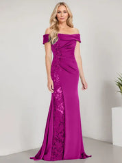 A-Line Off the Shoulder Floor-Length Mother of the Bride Dress Applique Beadings Mermaid Dress With  High Split