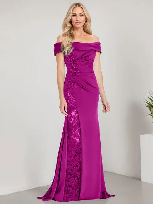 A-Line Off the Shoulder Floor-Length Mother of the Bride Dress Applique Beadings Mermaid Dress With  High Split