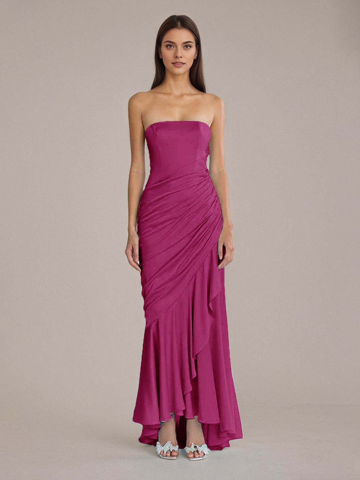 Column Satin Off The Shoulder Sleeveless Floor Length Dresses With Ruffles
