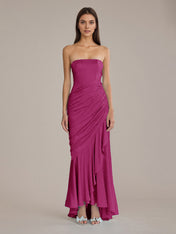 Sheath/Column Satin Off The Shoulder Sleeveless Floor Length Dresses With Ruffles