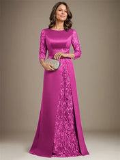 A-Line Scoop Floor-Length Lace Satin Mother Of the Bride Dress With Applique