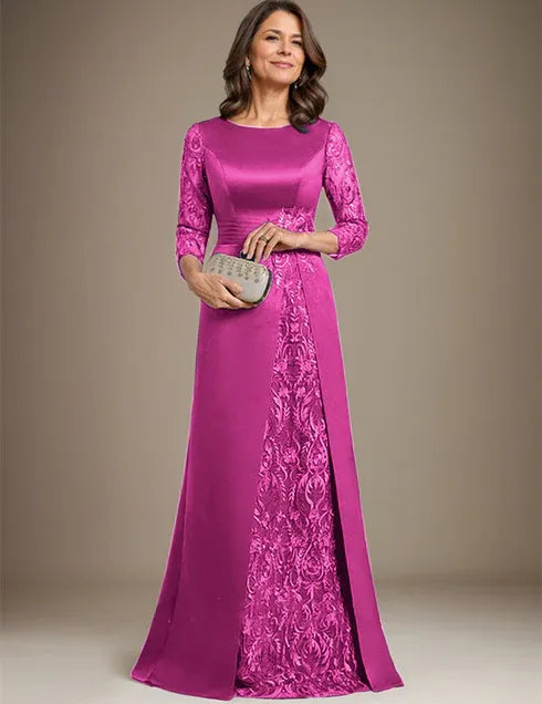 Robe de mère de la mariée en satin et dentelle, coupe trapèze, longueur au sol, avec appliques 