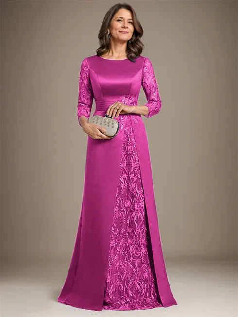 Robe de mère de la mariée en satin et dentelle, coupe trapèze, longueur au sol, avec appliques 