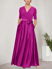 Surplice Neckline Ballgown with Full Satin Skirt & Jersey Bodice