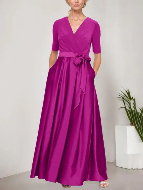 Surplice Neckline Ballgown with Full Satin Skirt & Jersey Bodice