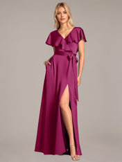 A Line Satin V Neck Short Sleeves Floor Length Dresses With Ruffles
