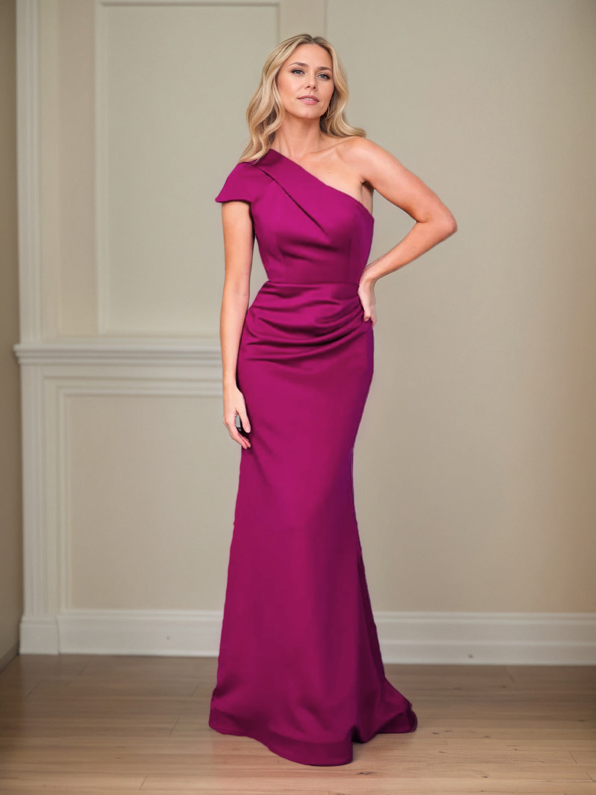Column One Shoulder Short Sleeves Floor Length Mother of the Bride Dresses
